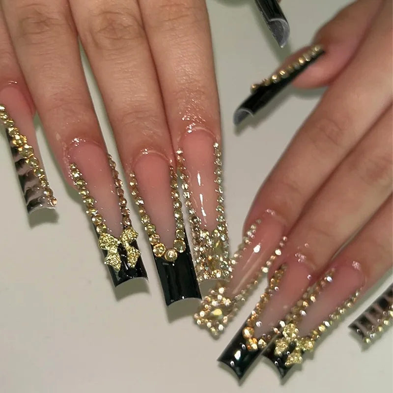24pcs Y2k Colorful French Long Square 3D Flowers Butterfly Pearl Diamond Nails