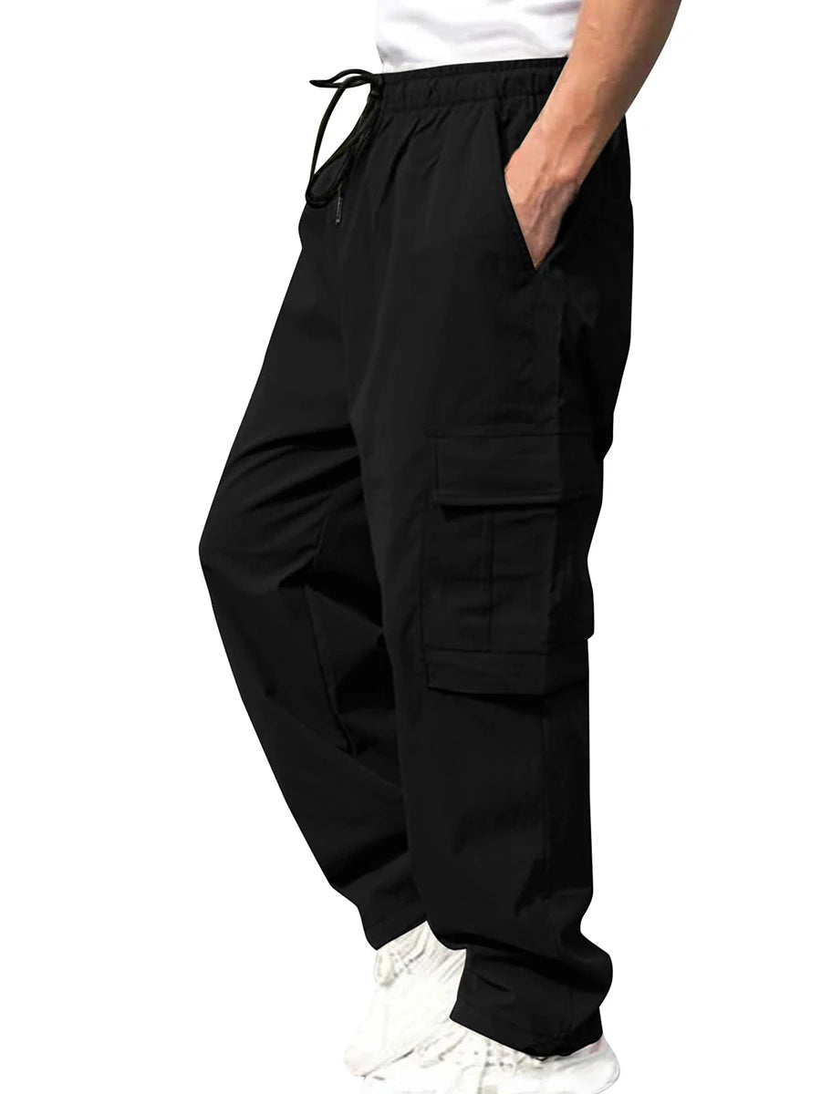 Men's Loose Cargo Pants, Drawstring Waist Straight Leg Pants with Pockets