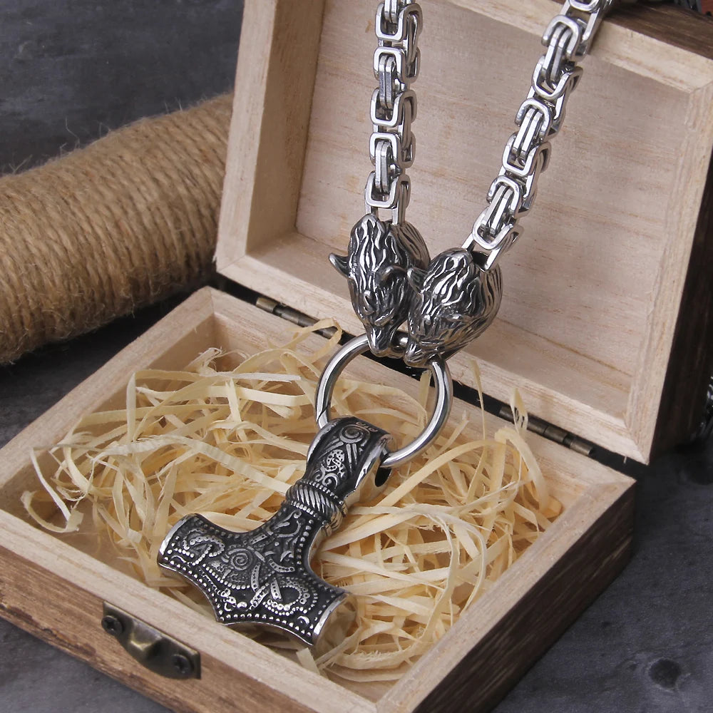 Viking Thor hammer pendant necklace, titanium steel wolf head chain necklace