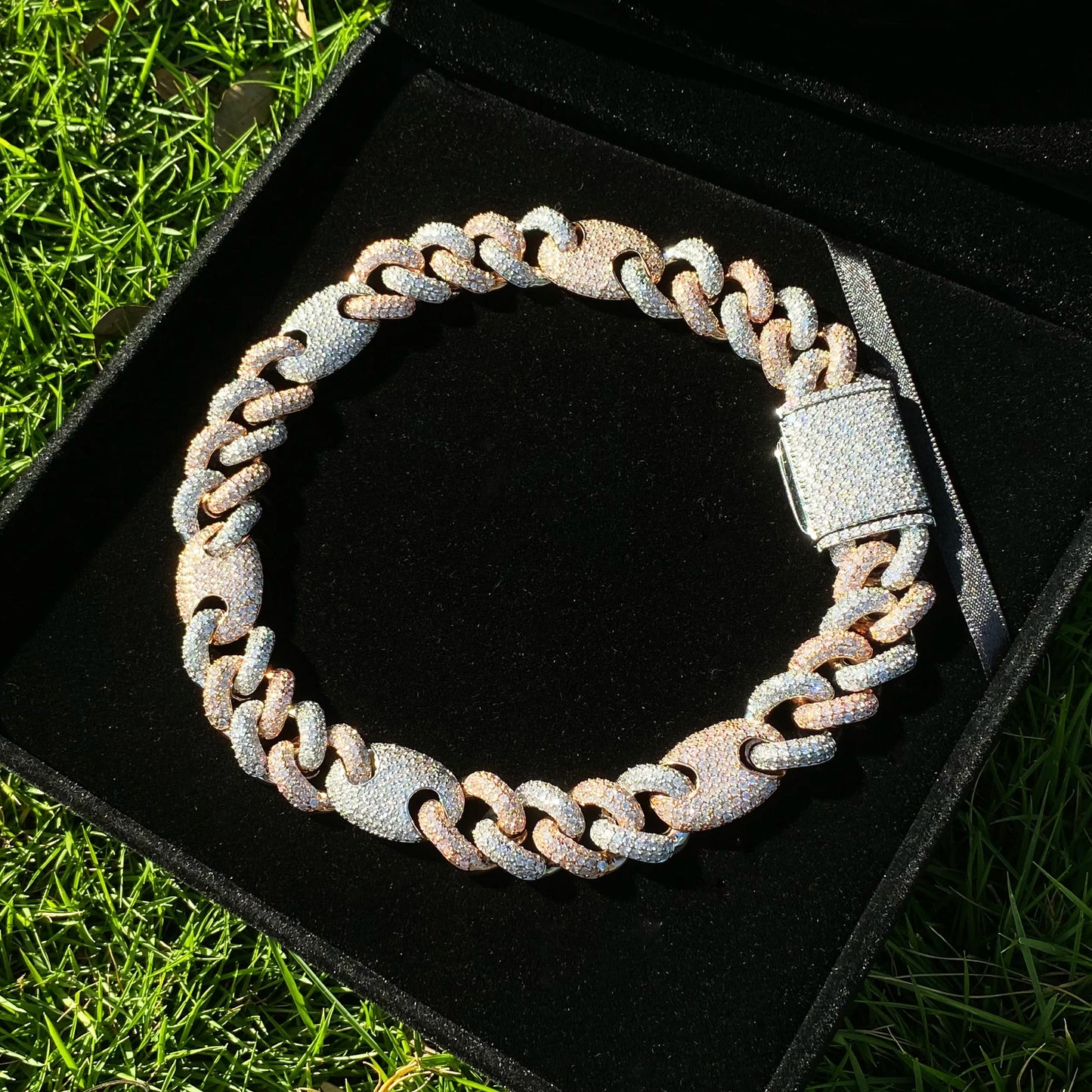 Aokaishen Iced Out Cuban Link Chain for Men Two Tone Prong Necklace Real Copper Cubic Zirconia