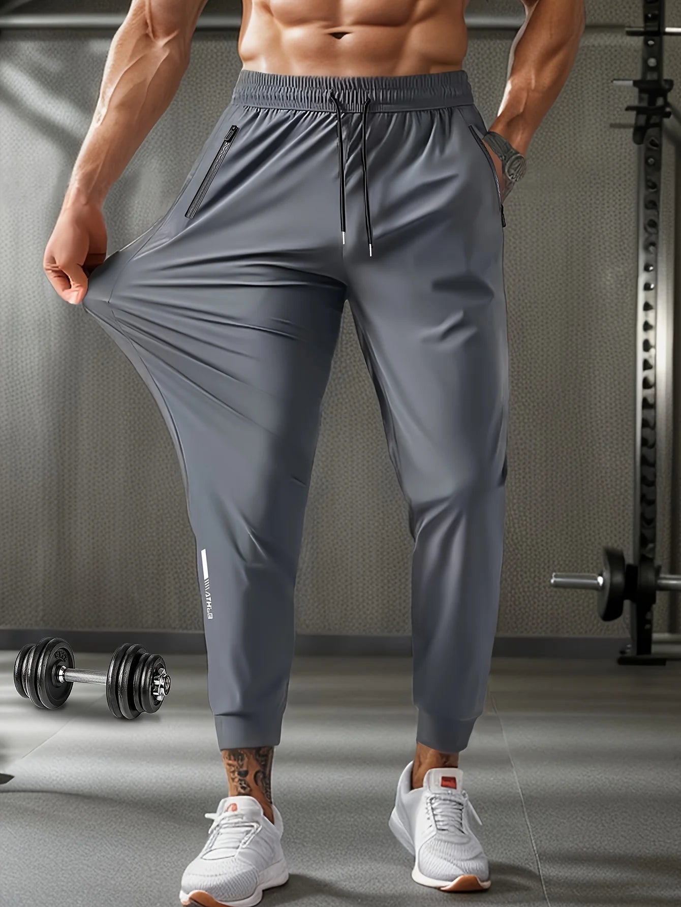 Men's Waist Drawstring, High Elasticity Sports Training Long Pants With Zipper Pockets