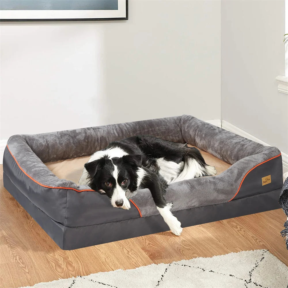 Jumbo Large Orthopedic Dog Bed Memory Foam Pet Sofa Couch, Waterproof Elevated Cushion, Warm Puppy Bolster Couch Removable Cover