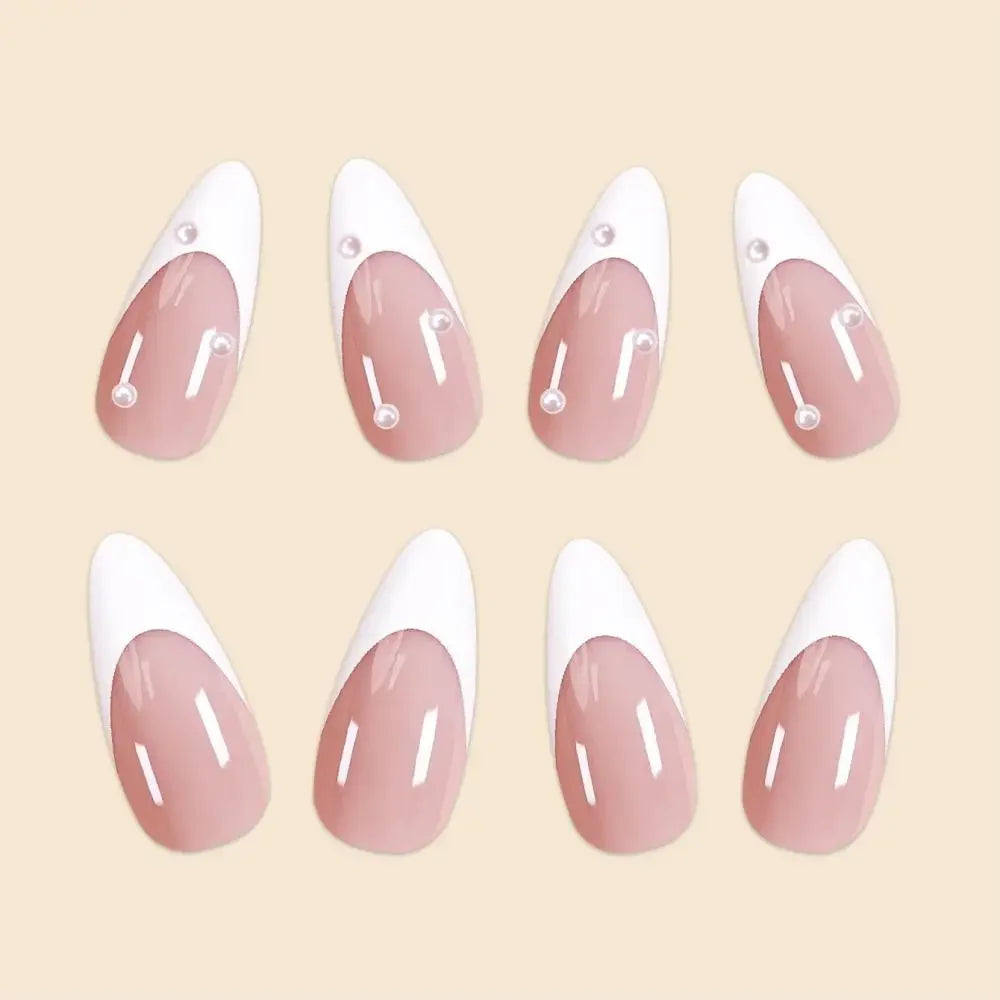 Girls Women 24Pcs/Set French white edged pearl Fake Nails