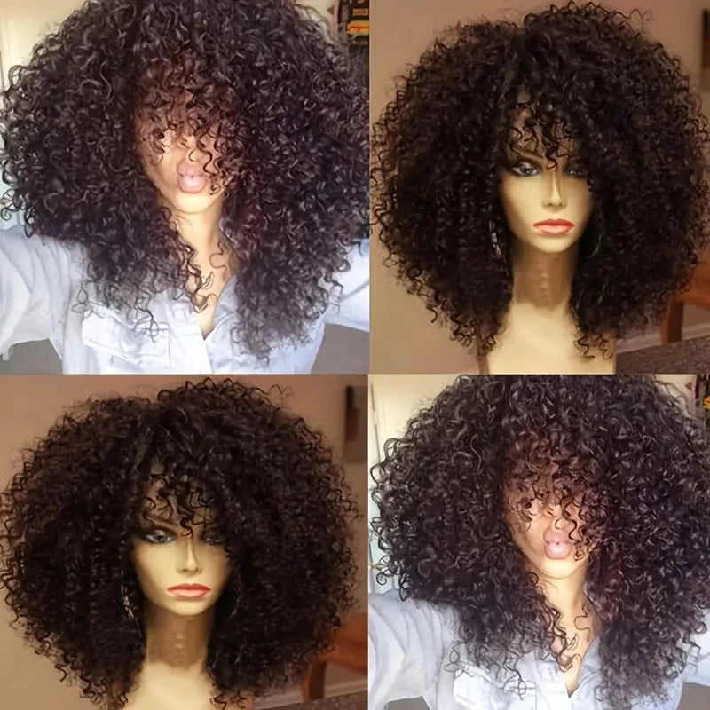 16 Inch Afro Kinky Curly Hair Wigs With Bangs, Soft Fluffy Synthetic Fiber, None Lace Wigs