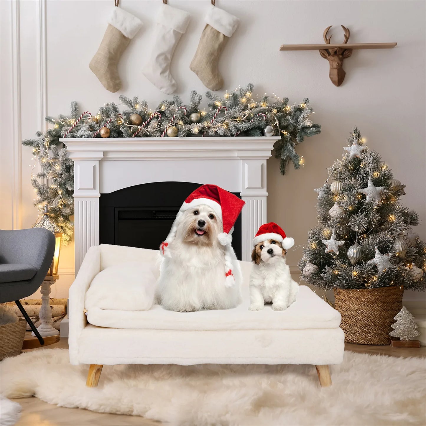 Elevated Pet Bed, Nordic Pet Stool Bed with Cozy Pad Waterproof, Pet Sofa Bed with Sturdy Wood Legs for Small Dogs and Kittens
