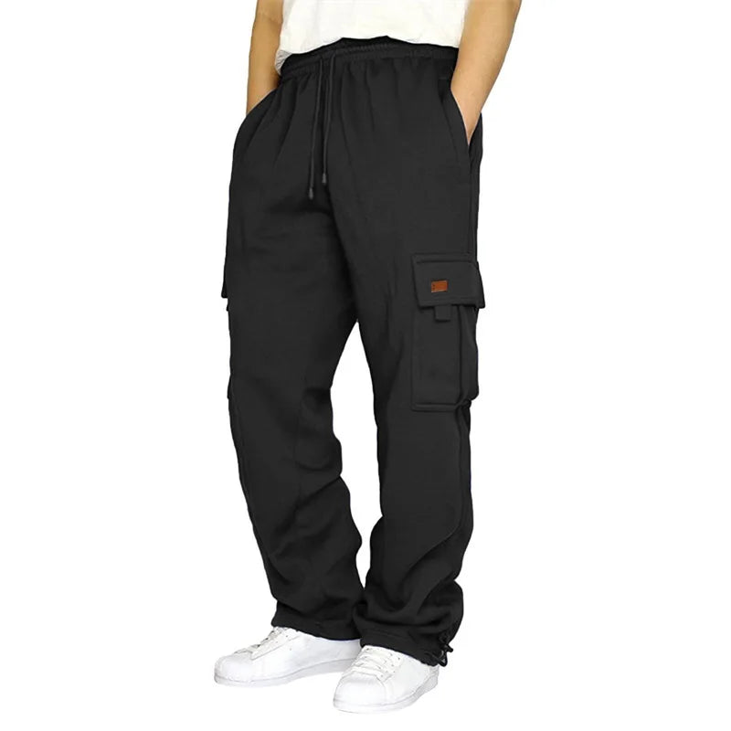 Men’s Loose Cargo Casual Drawstring Elastic Waist Wide Leg Outdoor Trousers