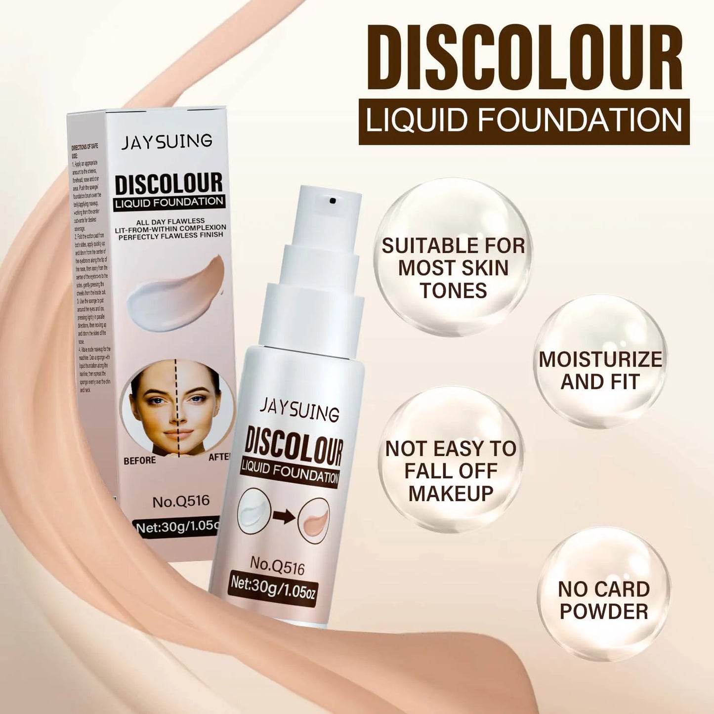 Jaysuing Liquid Foundation, Temperature Color Changing, Waterproof no Creasing Long-lasting Moisturizing.