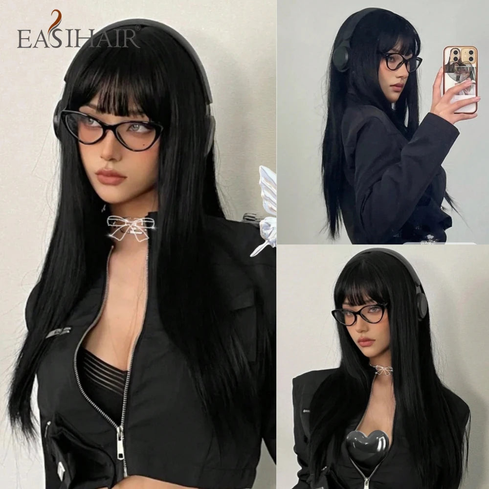 EASIHAIR Long Silky Straight Synthetic Wigs with Bangs Black Lolita Hairm, Natural Heat Resistant Wig