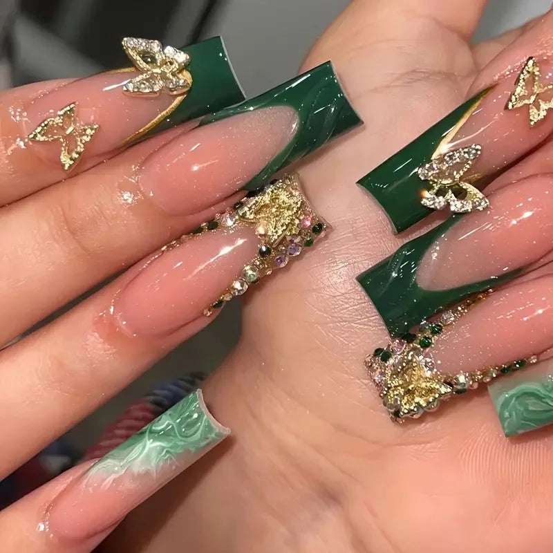 24pcs Y2k Colorful French Long Square 3D Flowers Butterfly Pearl Diamond Nails