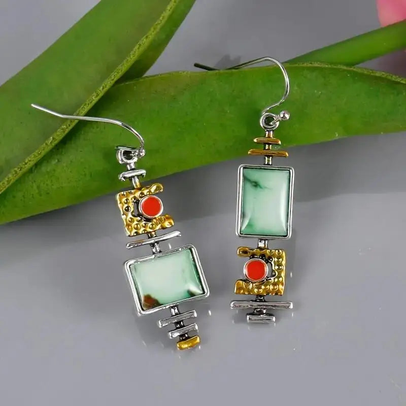 1 Pair Vintage Geometric Drop Earrings – Boho Synthetic Gemstone for Women