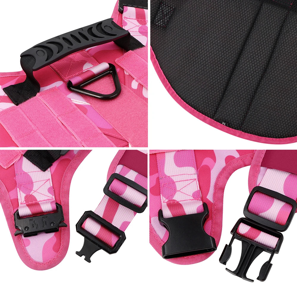 Military Pink Camouflage Dog Harness for Large/Medium Dogs, Harnesses Leash Adjustable, Pet German Shepherd Tactical Training Vest.