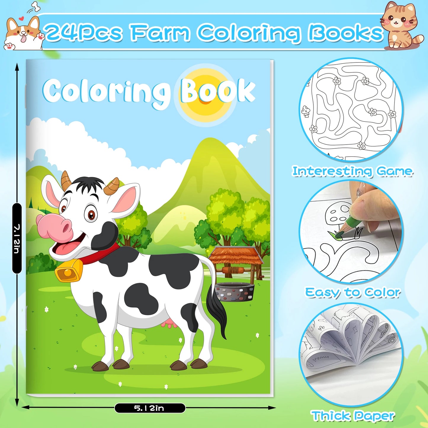 24Pcs Farm Coloring Books for Kids with 24 Stacking Crayons, Mini Coloring Book, Cows, Horses, Barns, Small A