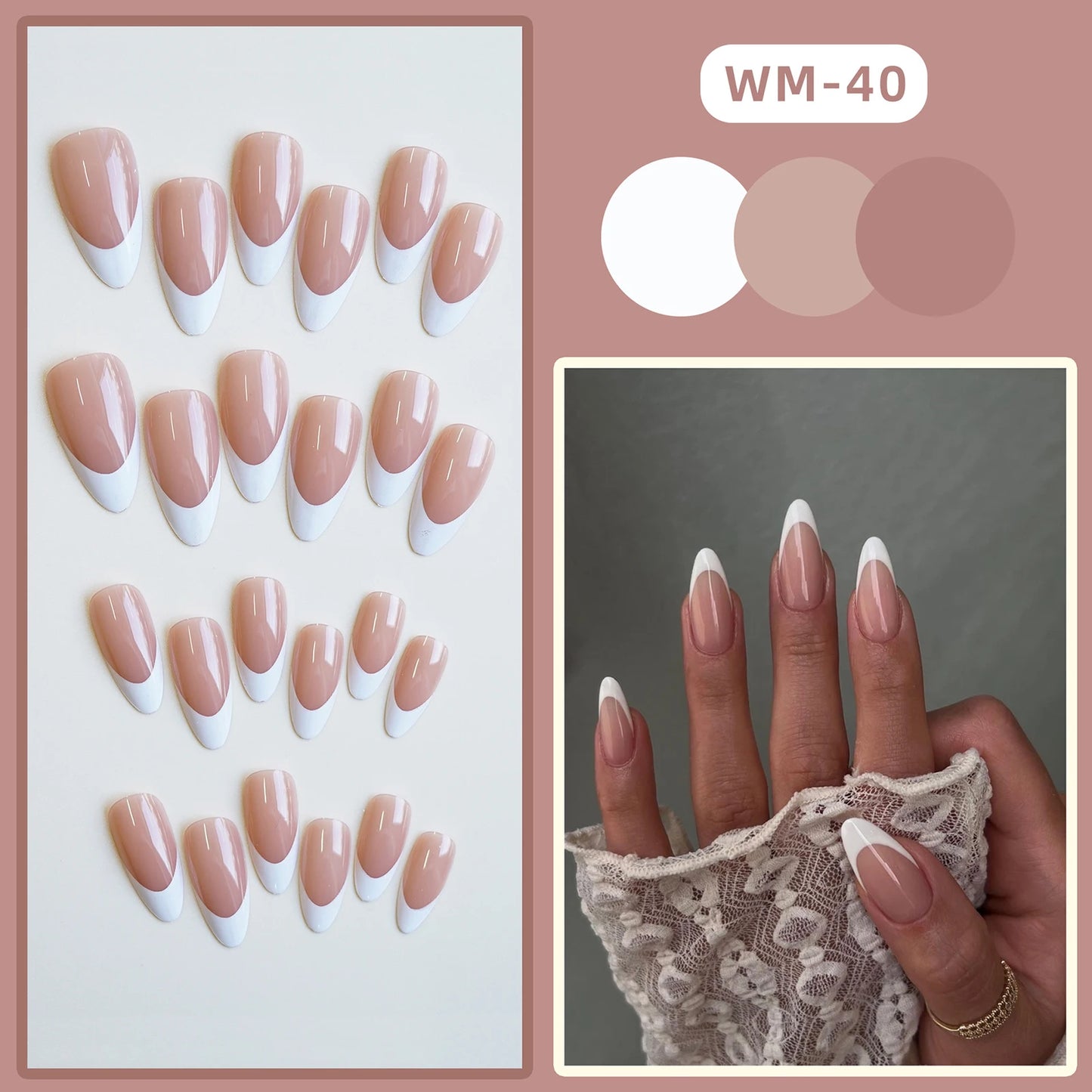 Almond French Style White Edge Fake Nails