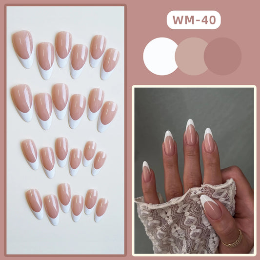 Almond French Style White Edge Fake Nails