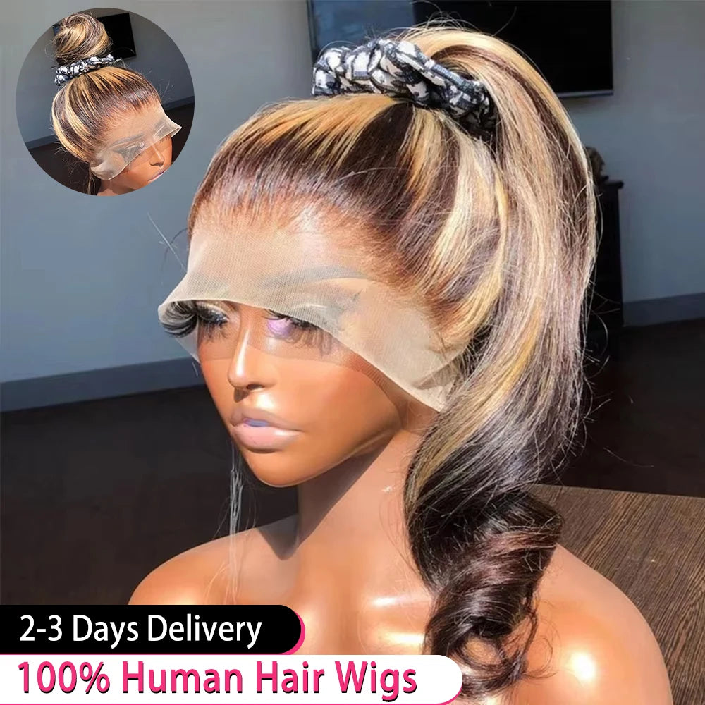 40 44 Inch 13x6 Hd Bone Straight Lace Frontal Human Hair Wigs, Brazilian Colored Highlight Ombre, Raw 360 Full Lace