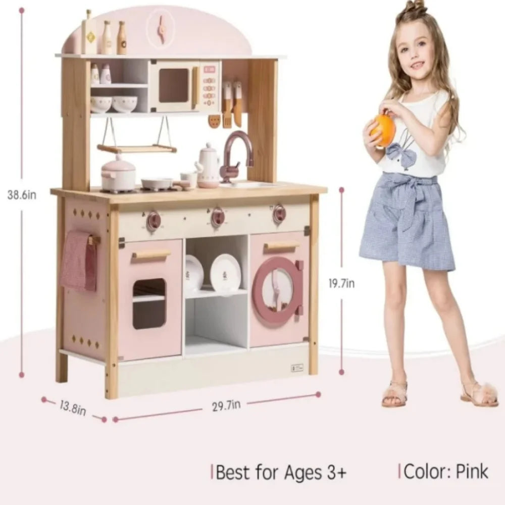 Robotime Robud Kids Corner Kitchen Playset, Wooden Play Kitchen Set with Realistic Sound for Boys and Girls, Pink