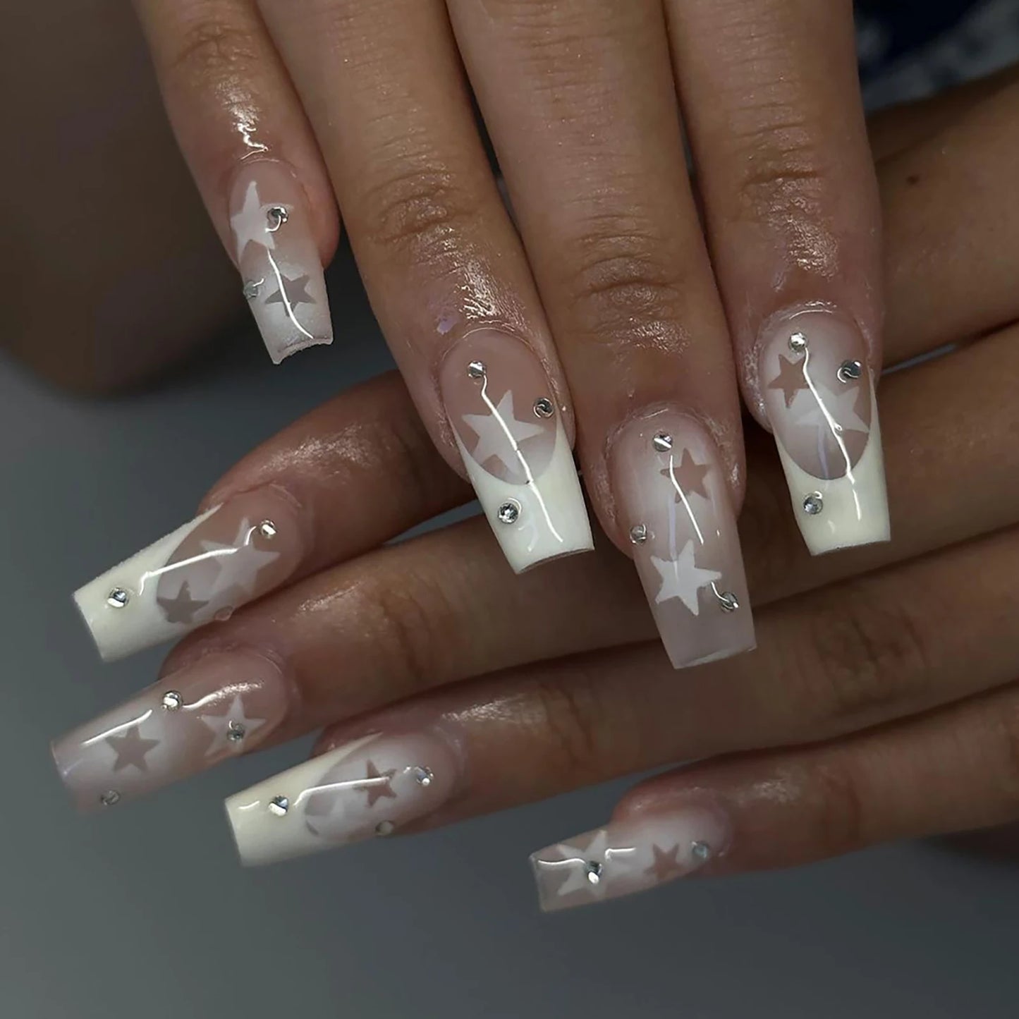 French False Nail for Women Coffin White Tips with Star Pattern