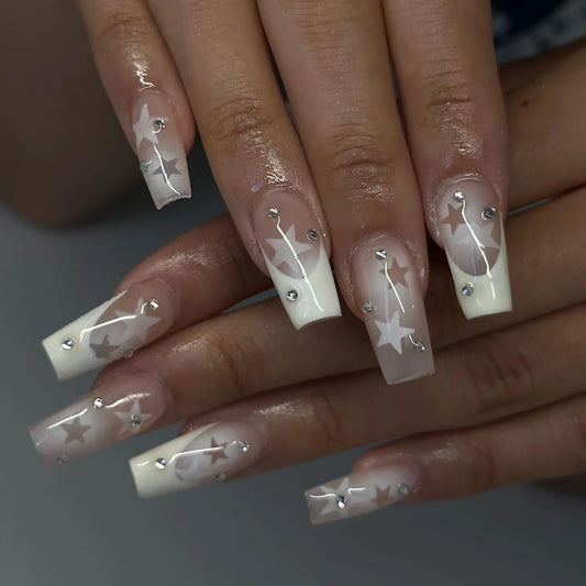 French False Nail for Women Coffin White Tips with Star Pattern