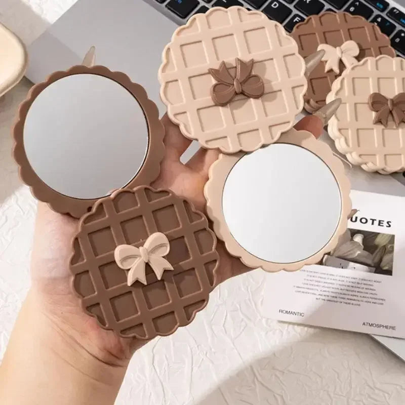 1PCS Waffle Shape Slide Double-Sided Makeup Mirror, Portable Compact Pocket Hand Personalized Beauty Cosmetic Mirror,