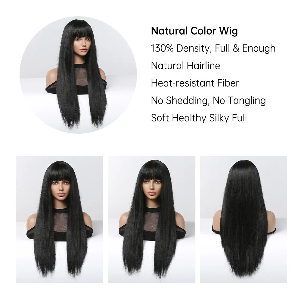 EASIHAIR Long Silky Straight Synthetic Wigs with Bangs Black Lolita Hairm, Natural Heat Resistant Wig