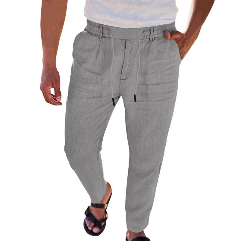 Men's Lightweight Linen Trousers with Adjustable Drawstring Waistband and Straight Leg Design.