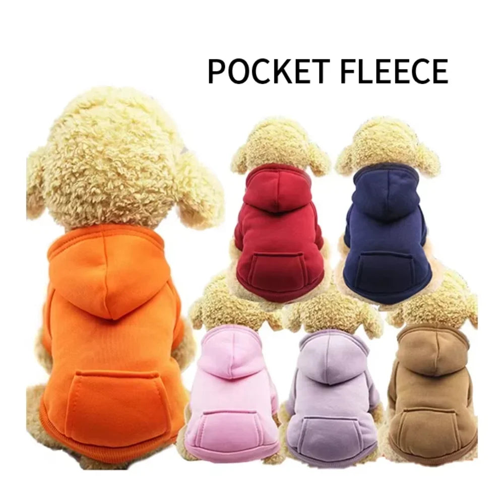 Dog/Cat Hoodie, Pet Warm Autumn Winter Coat, Solid Color Cotton Dog Clothes with Pocket, Outdoor Designer Clothes