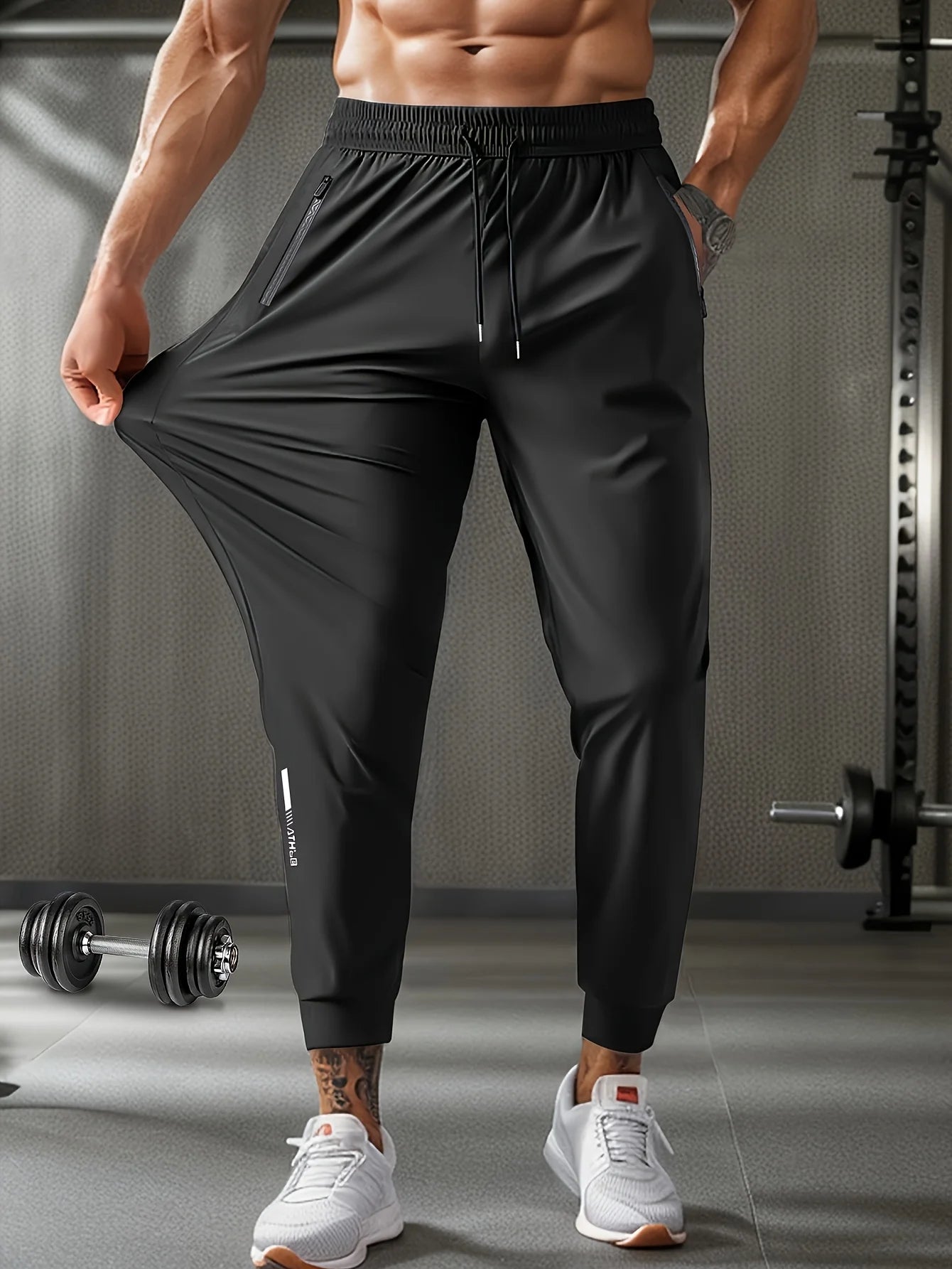 Men's Waist Drawstring, High Elasticity Sports Training Long Pants With Zipper Pockets