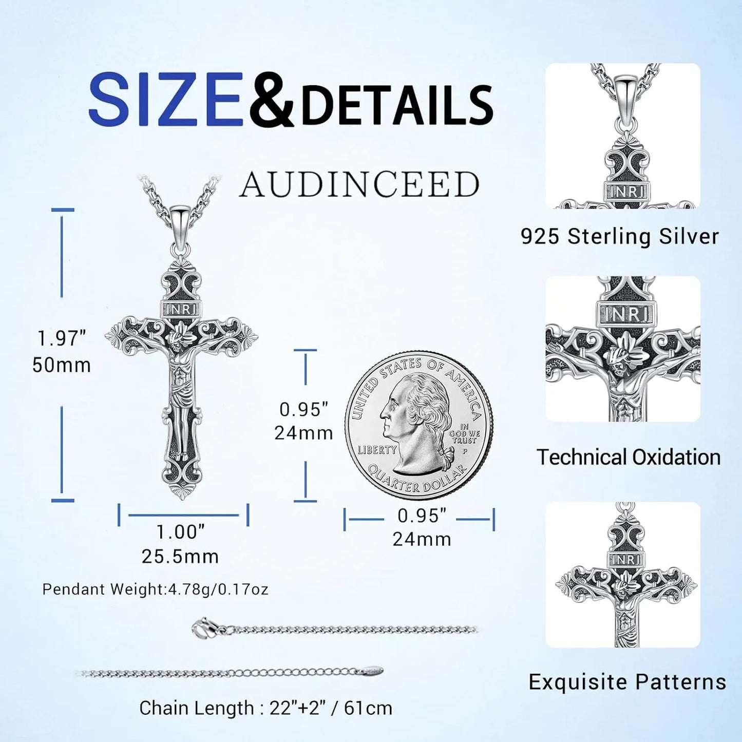 Jesus Cross Necklace 925 Sterling Silver Catholic Jesus Cross Necklace