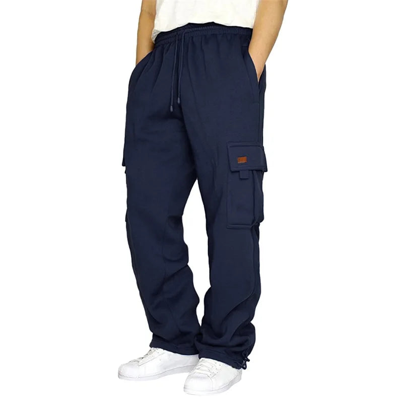 Men’s Loose Cargo Casual Drawstring Elastic Waist Wide Leg Outdoor Trousers