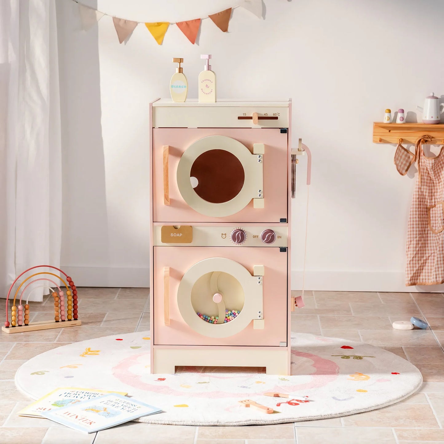 Robotime Robud Kids Corner Kitchen Playset, Wooden Play Kitchen Set with Realistic Sound for Boys and Girls, Pink