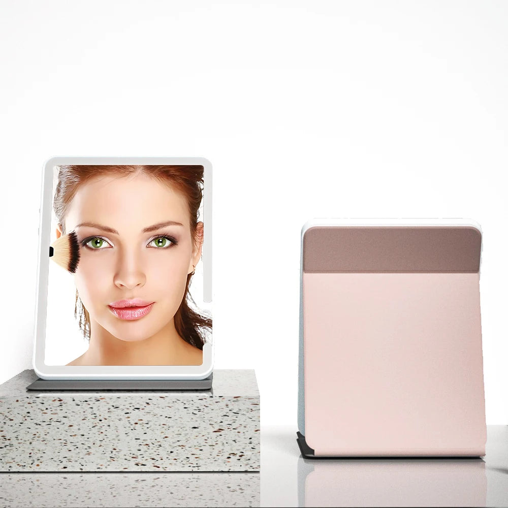 Makeup Mirror Foldable Portable 3-Color Dimmable Lighting, Rechargeable Tabletop Folding Vanity Cosmetic Mirror with LED Lights