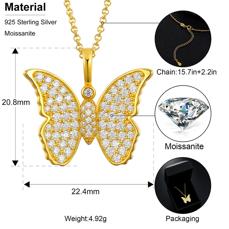 Real Moissanite Butterfly Pendant Necklace for Women 925 Sterling Silver