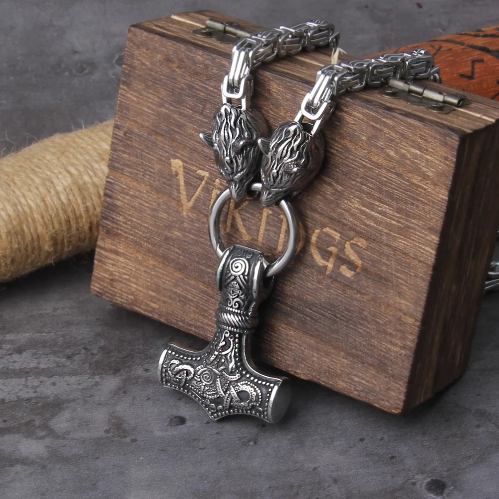 Viking Thor hammer pendant necklace, titanium steel wolf head chain necklace