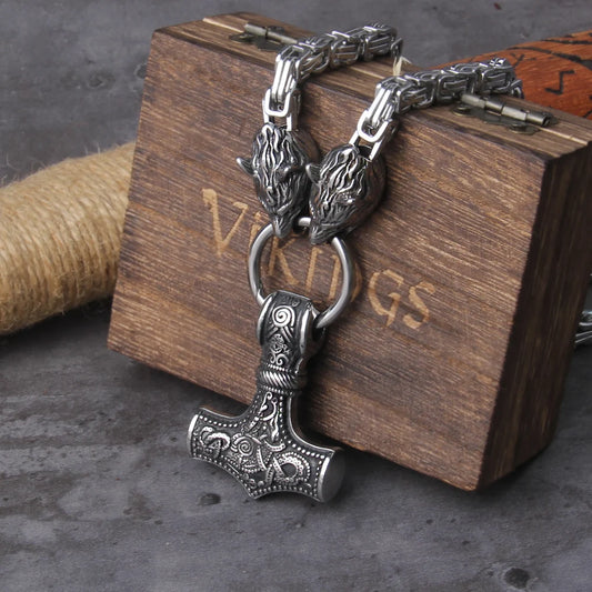 Viking Thor hammer pendant necklace, titanium steel wolf head chain necklace