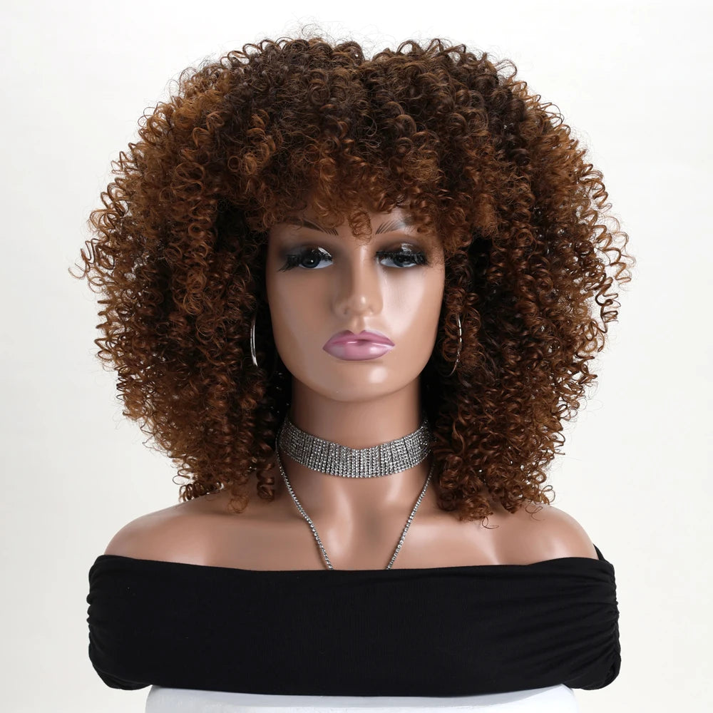 16 Inch Afro Kinky Curly Hair Wigs With Bangs, Soft Fluffy Synthetic Fiber, None Lace Wigs