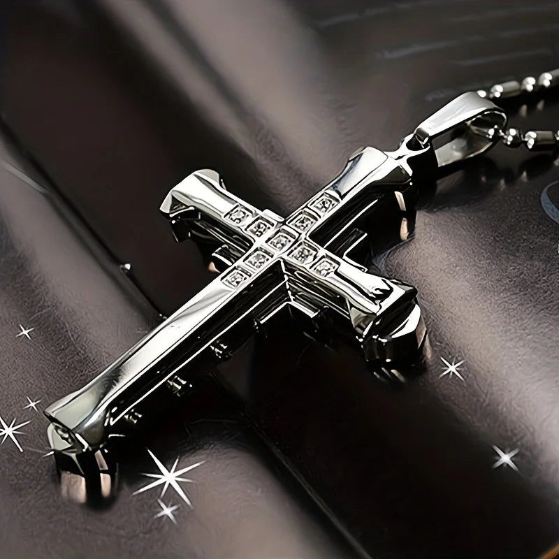 1PC/ Titanium Alloy Cross Pendant Necklace Inlaid with Zircon