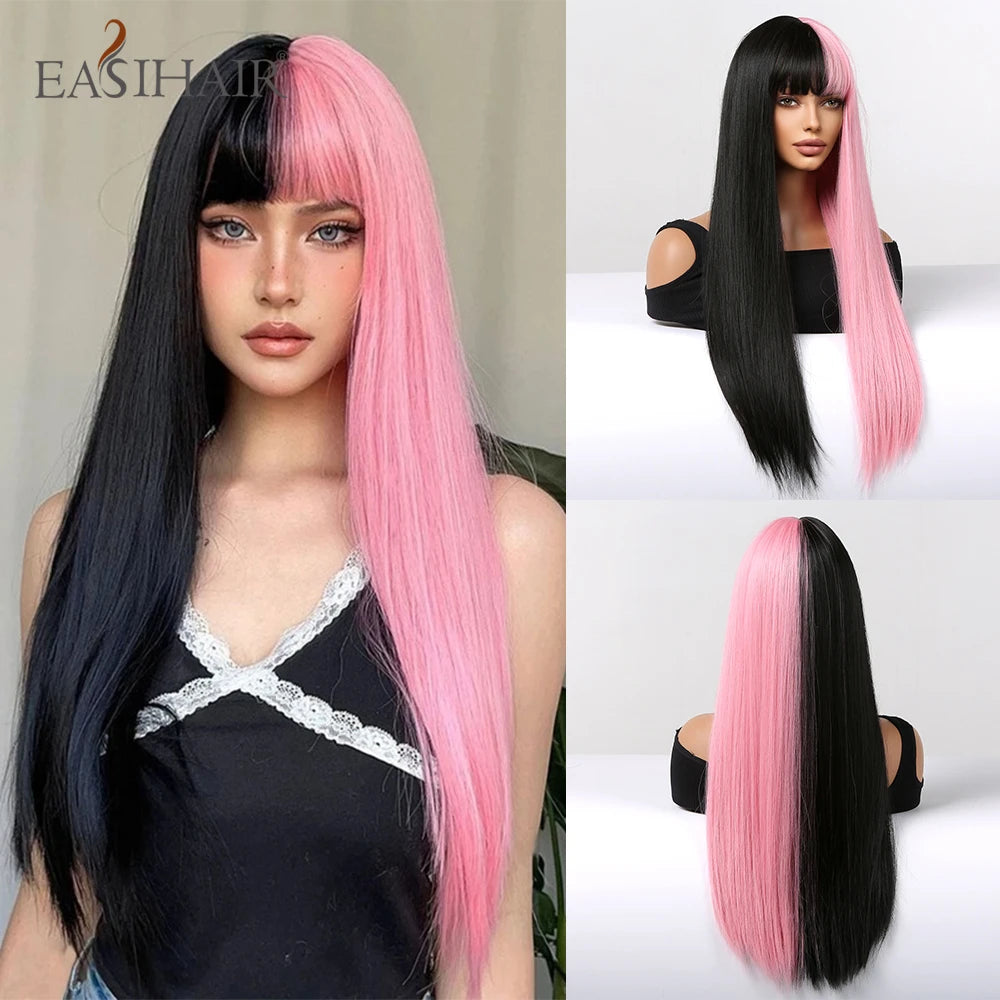 EASIHAIR Long Silky Straight Synthetic Wigs with Bangs Black Lolita Hairm, Natural Heat Resistant Wig