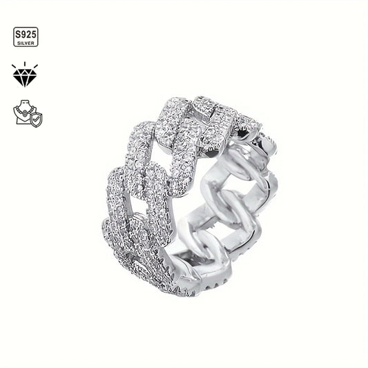 1pc S925 Sterling Silver with 5.4CT Moissanite Cuban Ring, Unisex, Gemstone