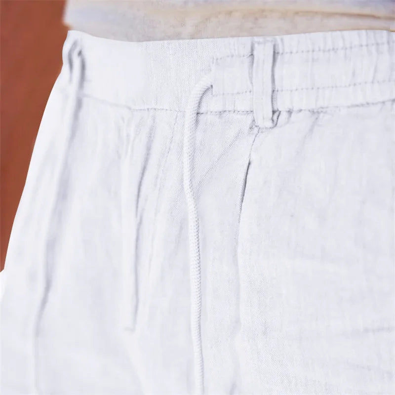 Men's Lightweight Linen Trousers with Adjustable Drawstring Waistband and Straight Leg Design.