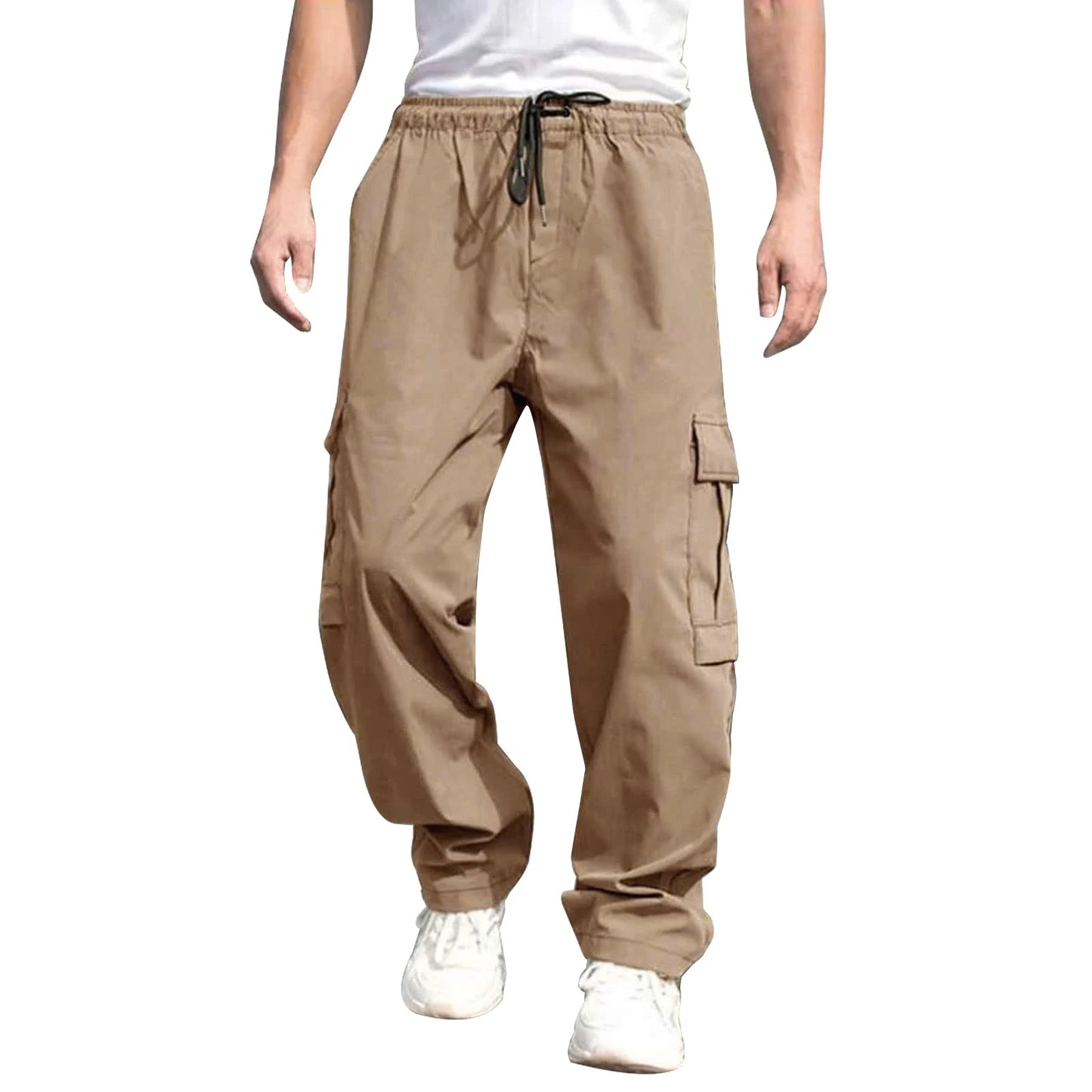 Men's Loose Cargo Pants, Drawstring Waist Straight Leg Pants with Pockets