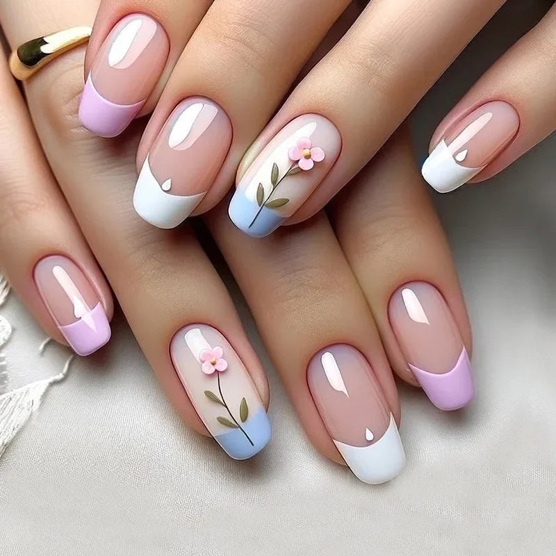24PCS Fake French Short Nails