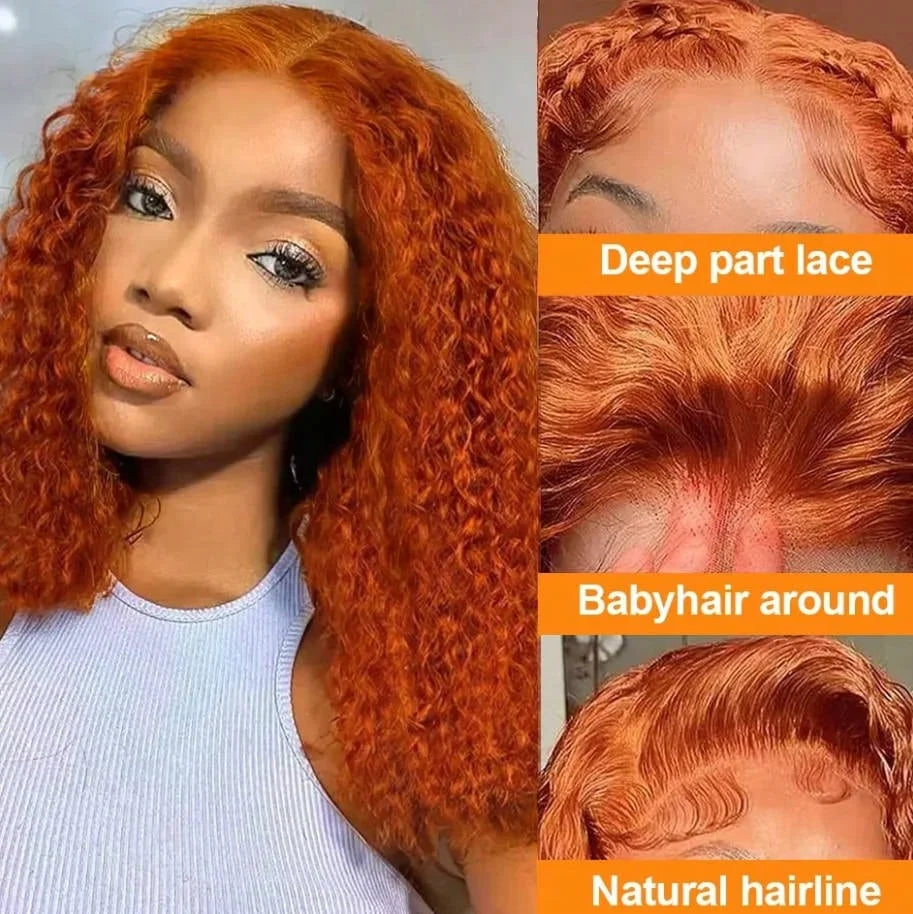 8-22Inch Deep Wave Bob Ginger Orange Lace Front Wigs, Human Hair 14 Inch Orange13x4 Deep Wave Lace Frontal