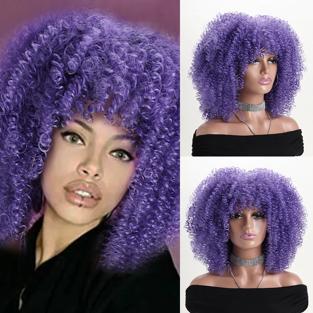 16 Inch Afro Kinky Curly Hair Wigs With Bangs, Soft Fluffy Synthetic Fiber, None Lace Wigs