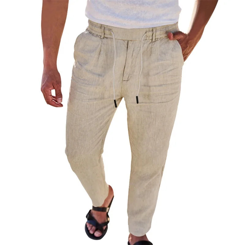 Men's Lightweight Linen Trousers with Adjustable Drawstring Waistband and Straight Leg Design.