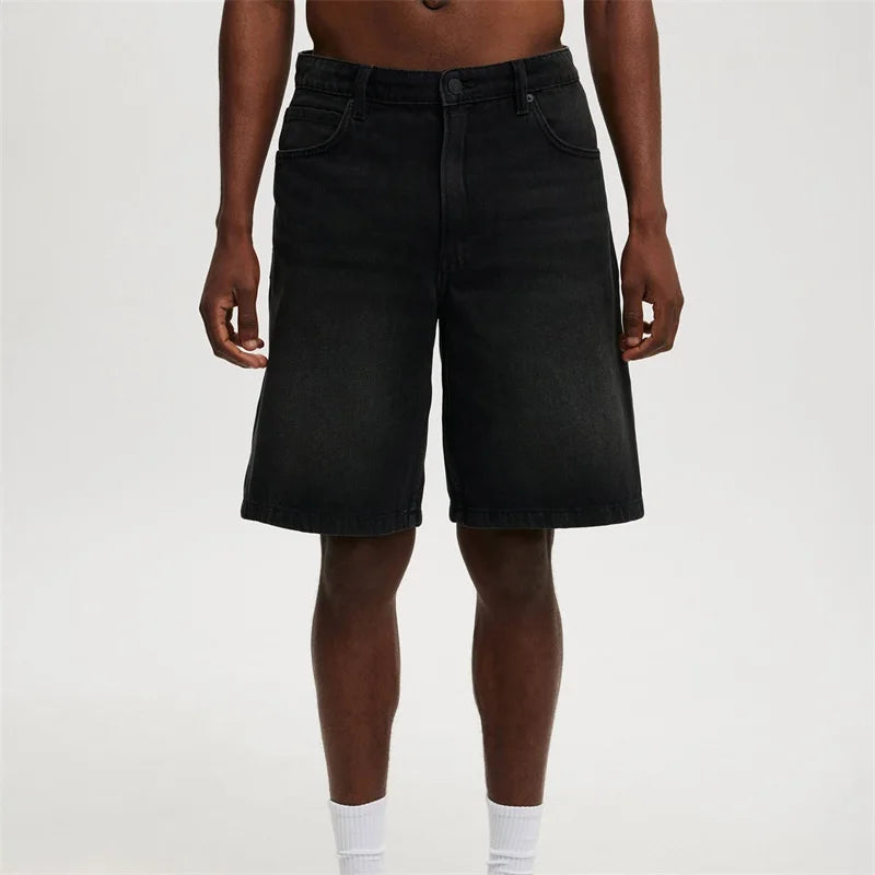 Men's Washed Denim Shorts with Relaxed Fit and High Waist