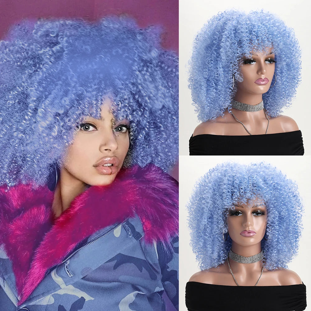 16 Inch Afro Kinky Curly Hair Wigs With Bangs, Soft Fluffy Synthetic Fiber, None Lace Wigs