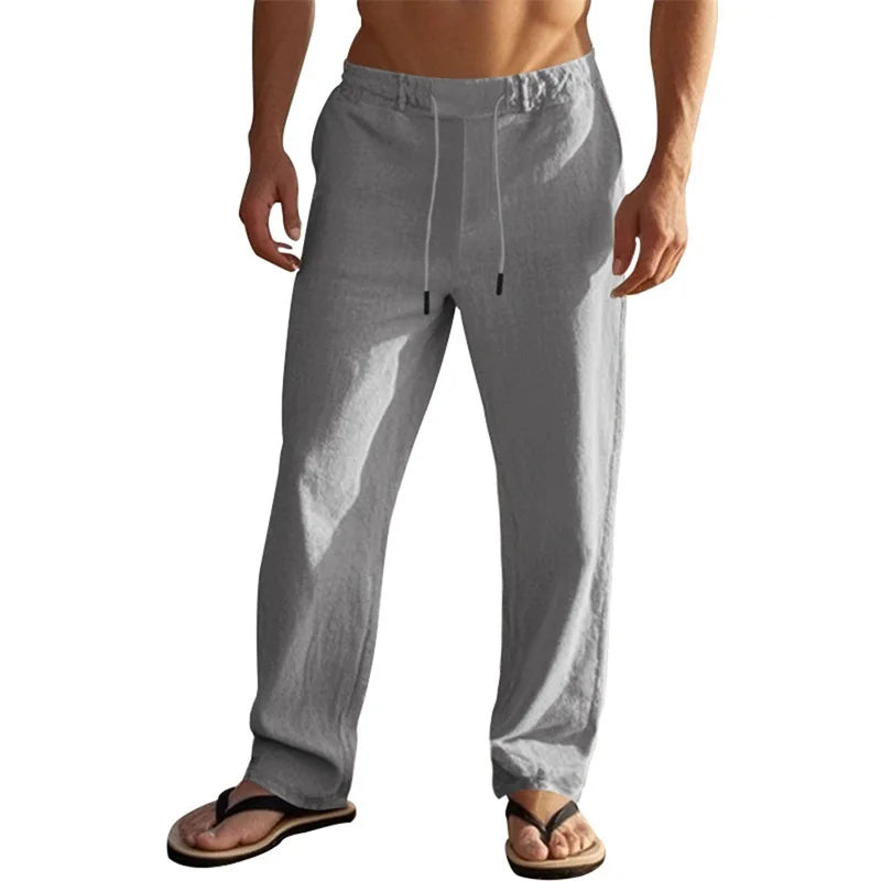Men s Lightweight Drawstring Linen Pants with Pockets Comfortable Straight Leg Casual Trousers