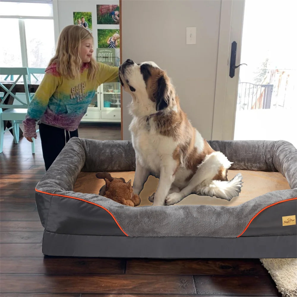Jumbo Large Orthopedic Dog Bed Memory Foam Pet Sofa Couch, Waterproof Elevated Cushion, Warm Puppy Bolster Couch Removable Cover