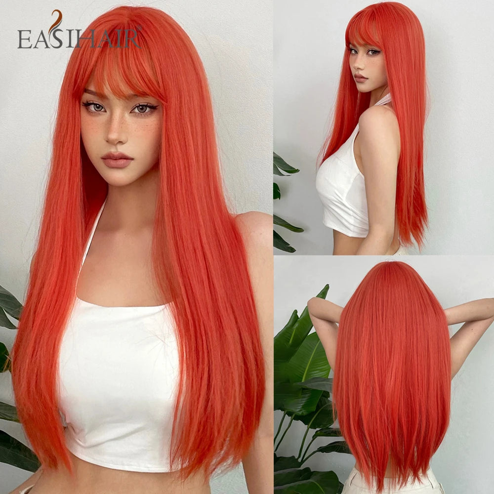 EASIHAIR Long Silky Straight Synthetic Wigs with Bangs Black Lolita Hairm, Natural Heat Resistant Wig
