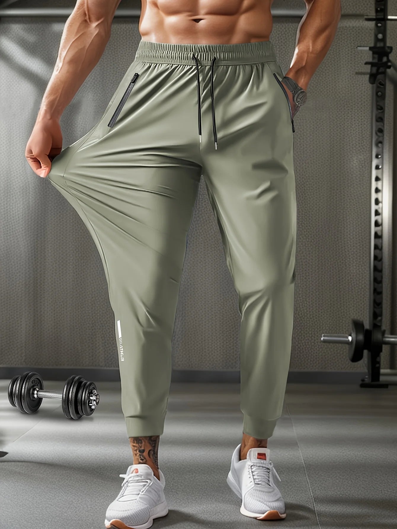Men's Waist Drawstring, High Elasticity Sports Training Long Pants With Zipper Pockets